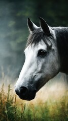 Obraz premium Majestic white horse stands gracefully in a misty field during early morning light capturing the beauty of nature