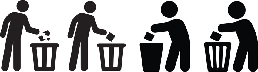 This vector graphic depicts three stylized figures disposing of waste into a trash receptacle.