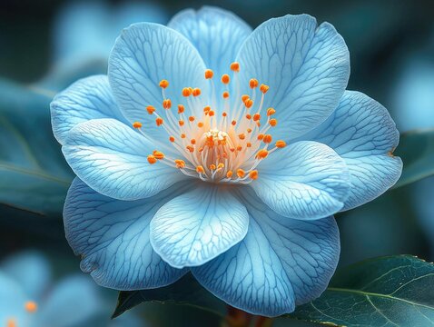 Fototapeta A serene blue flower with orange stamens is beautifully displayed in detail. Use this image for backgrounds, spring themes, and botanical illustrations.