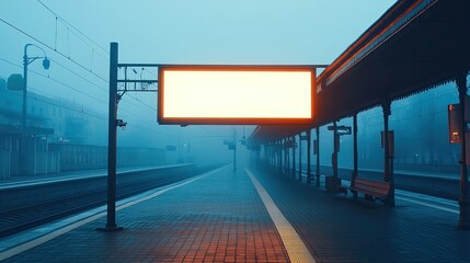 Empty Billboard at Train Station Platform in a Foggy Urban Landscape Ready for Advertisements 