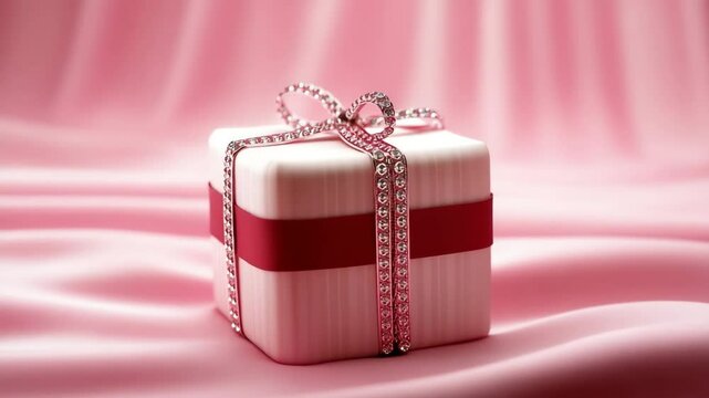 Pink gift box with red ribbon and diamonds decoration