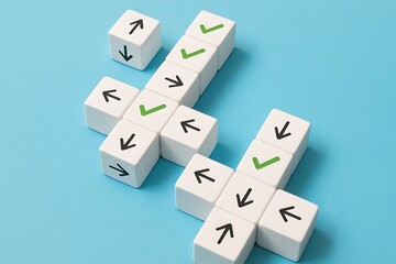 Obraz premium Conceptual Pathfinding: Dice with Arrows and Checkmarks Illustrating Directions, Navigation, and Validation on a Light Blue Background, Representing Progress and Problem-Solving