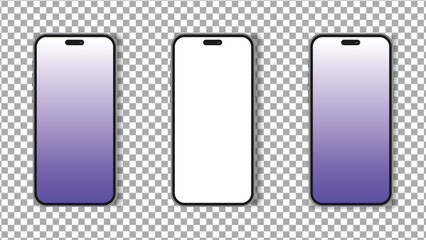 Vibrant Purple Smartphone Mockup Set 3 Realistic Mobile Phones with Blank Screens Isolated on Transparent Background for UI UX Design and App Presentation