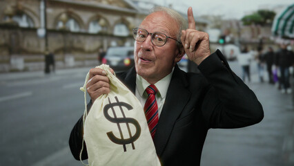Senior man with dollar bag on bustling street symbolizes business success and corruption themes in urban setting.