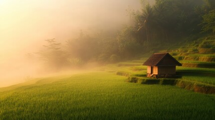 A small hut sits in harmony with the surrounding rice terraces, with the morning fog and golden light creating a serene, peaceful mood