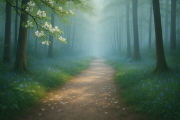 Obraz premium Enchanted Forest Path Misty Morning Spring Blossoms Bluebells Serene Nature Scene Tranquil Magical Pathway Mystical Woods Dreamlike Atmosphere Peaceful Landscape Breathtaking Scenery Beautiful 