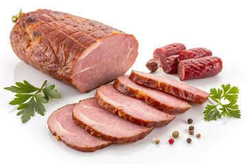 Slices of smoked ham or sausage isolated on white background