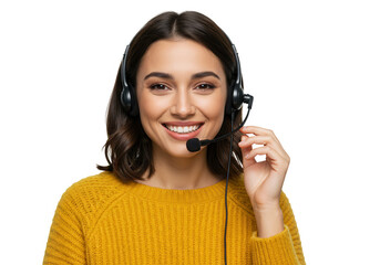 Smiling customer service woman with headset isolated on transparent background
