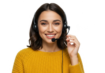 Smiling customer service woman with headset isolated on transparent background