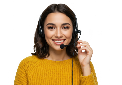 Smiling customer service woman with headset isolated on transparent background