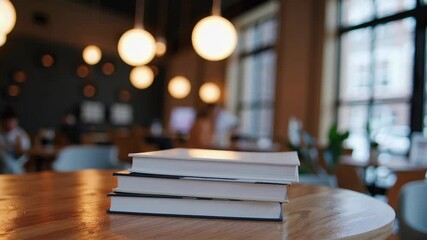 Books resting on a table in a cozy cafe with warm lighting and a relaxed atmosphere during the afternoon