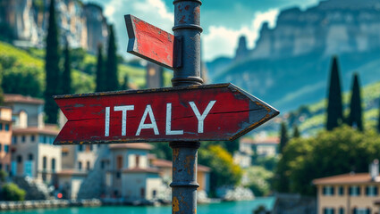 on the pole there is a direction arrow with the inscription Italy against the summer background of a picturesque landscape 
