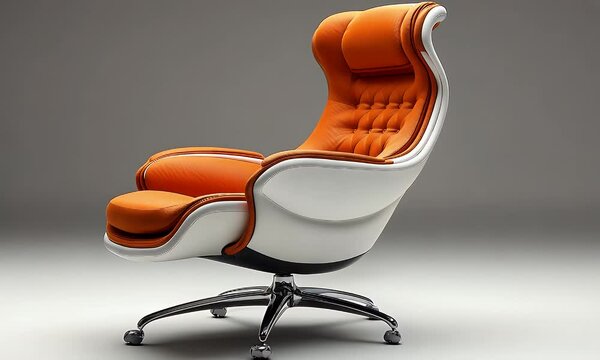 Modern orange and white swivel chair on wheels.