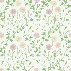  Seamless floral pattern with wildflowers and green leaves.