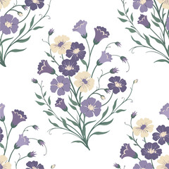  Seamless floral pattern with purple wildflowers and green leaves.