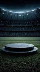 Spotlight on the center stage of a darkened stadium surrounded by excited fans during a major sports event