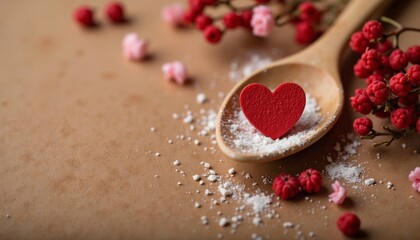 Fototapeta premium Red heart shape on wooden spoon with sugar and berries on table 