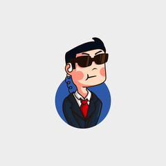 cute cartoon logo mascot of a man in sunglasses serving as a secret agent, guard, in a suit