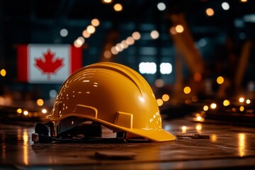 Yellow Hard Hat on Wooden Table With Canada Flag in Background During Evening Light.