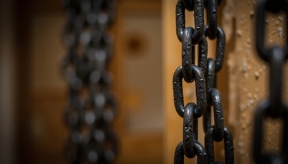 Chains hanging in dimly lit basement with wooden background  