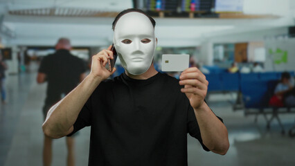Masked man holding phone and card at airport terminal portraying anonymity, privacy, technology,...