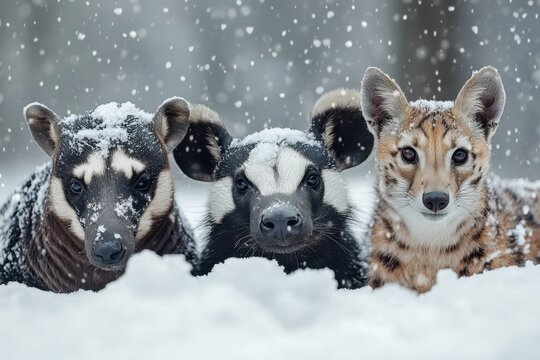 Animals tapir, honey badger, wild dog, serval cat, snow, A tapir, honey badger, wild dog, and serval cat are depicted in a snowy landscape, showcasing their unique features