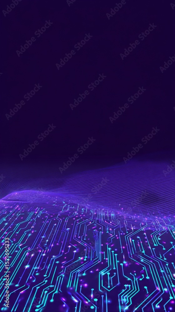 Wall mural digital landscape of neon circuits and waves creating a futuristic atmosphere