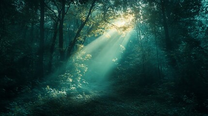 Mystical Forest Path: Sunlight filters through the dense canopy above.