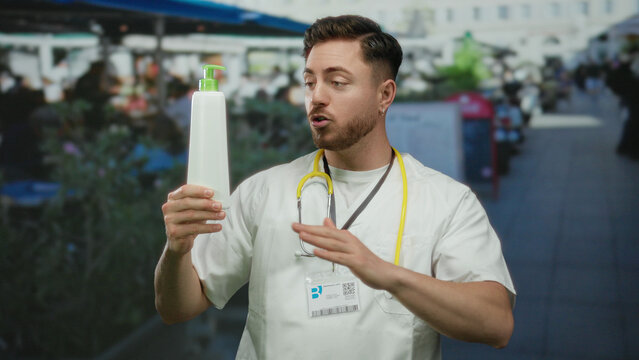 Young bearded doctor with stethoscope holding lotion bottle on city terrace of outdoor cafe, emphasizing product use and benefits during sunny day. - Powered by Adobe