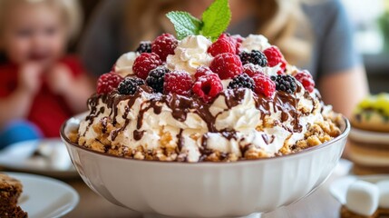 Delicious Berry Dessert Bowl with Whipped Cream, Chocolate Cookies and Marshmallows for Summer Treats.