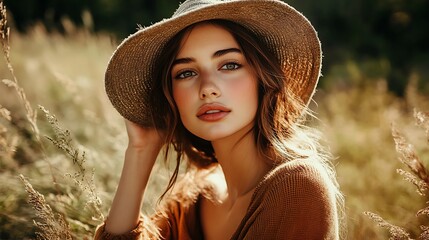 Portrait of a woman in a hat on a sunny day in a grassy field.