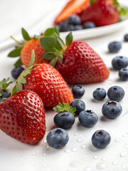 Obraz premium Fresh strawberries and blueberries are scattered on a white surface with water droplets