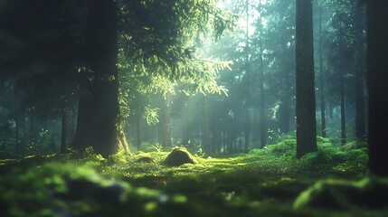 Fototapeta premium Sunlight streams through the trees in a lush, moss-covered forest.