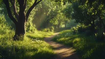 Sunlit Path: A serene walk through a vibrant green forest landscape.