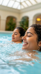 Two women swim in a tranquil indoor pool, their faces illuminated by soft light. Water ripples around them, reflecting the serene atmosphere and lush greenery.