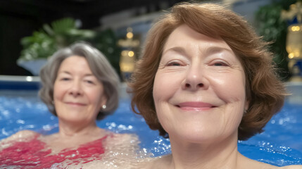 Two women enjoy a relaxing moment in a spa pool. One has gray hair and wears a red swimsuit, while the other smiles softly, surrounded by lush greenery.
