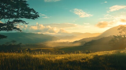 Golden light over a hilly meadow with fog rolling through the mountains.