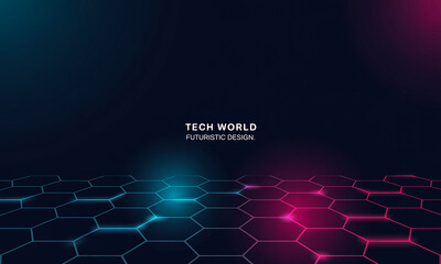 Futuristic neon hexagon background with glowing blue and pink grid and central technology text on a black high-tech digital backdrop

