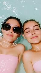 Two young women float in a light aqua pool, wearing black sunglasses. They have wet hair and are smiling, creating a serene and joyful atmosphere.