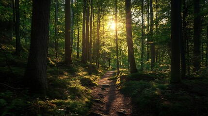 Fototapeta premium Sunlit forest trail with tall trees and lush green foliage on a sunny day.