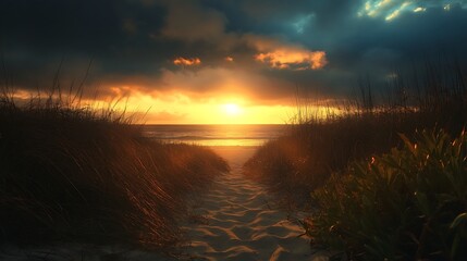 Sunset over a sandy path to the ocean, framed by dune grass and soft light.