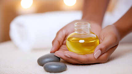 A pair of hands gently holds a small glass jar of golden massage oil, resting on a soft beige towel beside smooth black stones, with soft glowing lights in the background.
