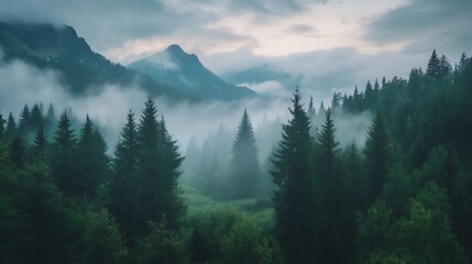 Misty Mountains: A serene vista of forested peaks shrouded in atmospheric fog.