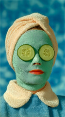 A stylized figure with a green clay facial mask, wearing cucumber slices over its eyes. It has a towel wrapped around its head and a light blue robe.