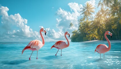 Obraz premium Three pink flamingos wading in the water, on a sunny day, with a tropical island background