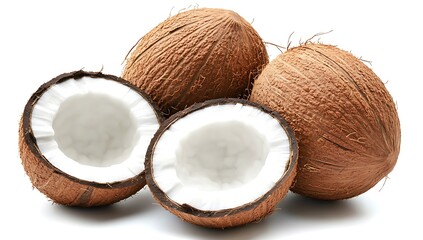three whole coconuts and one coconut cut in half, isolated on a white background