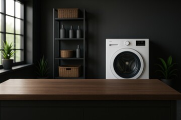 Modern Dark-Toned Laundry Room Interior with Centered Wooden Countertop and Soft Natural Lighting