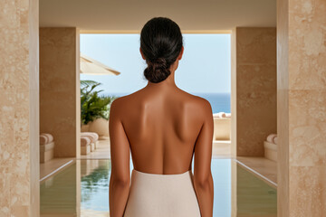 A woman stands with her back to the viewer, gazing at a tranquil ocean view through an open doorway. She has long, dark hair and wears a simple, light-colored dress.