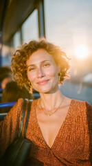 A woman with curly hair smiles warmly, wearing a shimmering bronze top. Sunlight filters through the bus window, creating a soft glow around her.