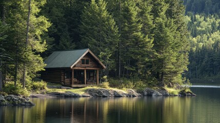 Obraz premium Cabin by a serene lake, surrounded by natural forest in an untouched wilderness, creating a peaceful and isolated setting